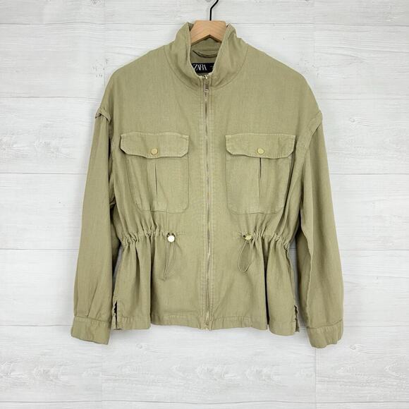Zara Utility Jacket Women XS Green Lightweight Cargo Pockets Linen Blend Safari - Picture 1 of 13